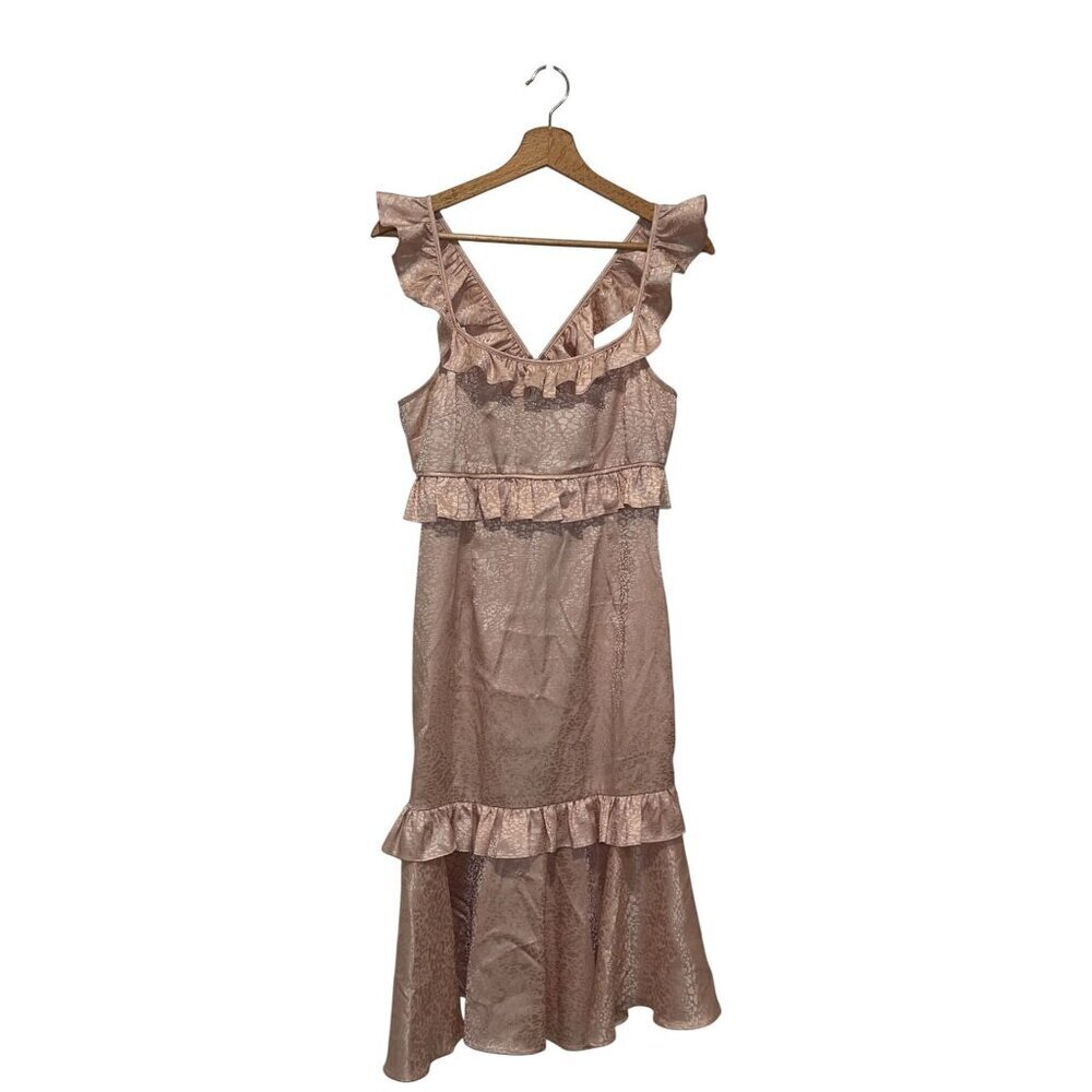 Saylor Dress Pink Maxina Jacquard Sleeveless Ruffles Tiered V-Back Midi Size M - Picture 2 of 9